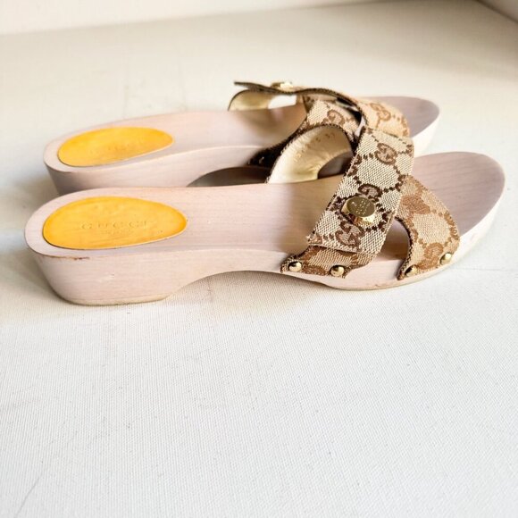 Gucci Canvas Monogram Wood Sole Clog Sandals 37 - Picture 12 of 16